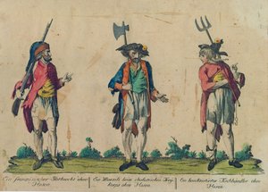 Ein französischer Postbediensteter ohne Hose, ein Marsili im Freikorps ohne Hose und ein bankrotter Fischhändler ohne Hose, 1793 von Michel Hennin