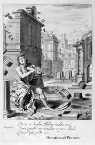 Amphion baut die Mauern von Theben durch die Musik seiner Geige, 1655 von Michel de Marolles
