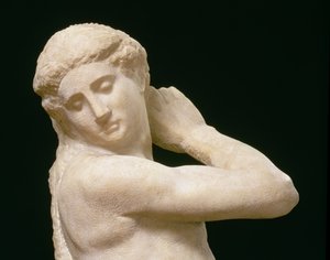 Apollo oder David, Detail des Kopfes, Skulptur von Michelangelo Buonarroti (Detail)