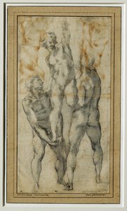 Zwei nackte Männer heben einen dritten, um 1502-06 von Michelangelo Buonarroti