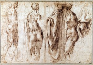 Gruppe von vier stehenden Figuren und ein Vorhang