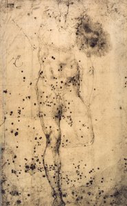 Studie eines männlichen Aktes mit erhobenem linken Bein; Zeichnung von Michelangelo. Musée du Louvre, Paris von Michelangelo Buonarroti