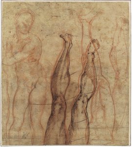 Der auferstandene Christus, dreiviertel Länge nackt über Studien eines Beins und eines Fußes gezeichnet von Michelangelo Buonarroti
