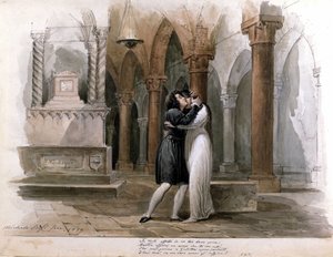 I Capuleti e i Montecchi (Les Capulet et les Montaigu) von Vincenzo Bellini, Aufführung im Fenice-Theater in Venedig. Giuditta Pasta und Giulia Grisi spielen Romeo und Julia. Aquarell von Michele Bisi von Michele Bisi