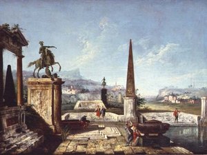 Ein Capriccio klassischer Denkmäler, ein Obelisk mit Soldaten an einem Teich und Berge dahinter (Öl auf Leinwand)