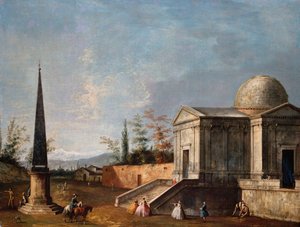 Elegante Figuren vor einer klassizistischen Kirche mit Kuppel, ein Obelisk links