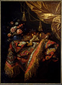 Stillleben mit Früchten und Blumen auf einem Tischtuch. Gemälde von Michelangelo Campidoglio (1610-1670) 17. Jahrhundert. Rennes, Museum der Schönen Künste