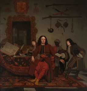 Porträt von Thomas Hees und seinem Diener Thomas und Neffen Jan und Andries Hees (Detail) von Michiel van Musscher