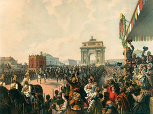 Triumphaler Einzug ihrer Majestäten Alexander II. und Maria Alexandrowna in Moskau, 1856 von Mihaly von Zichy