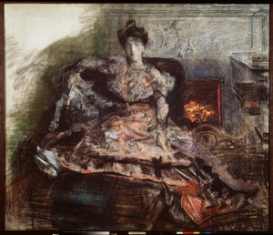 Nach dem Konzert - Porträt von Nadezhda Zabela Vrubel (vor dem Kamin in einem von Vrubel entworfenen Kleid)