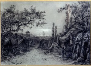 Bühnenbild für die Oper "Fürst Igor" von A. Borodin. Ein Militärlager mit Zelten, umgeben von Bäumen, mit drei Figuren, darunter ein Musiker