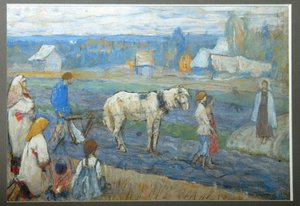 Auf dem Feld (Bauern unterbrechen die Feldarbeit bei der Erscheinung Jesu auf dem Weg)