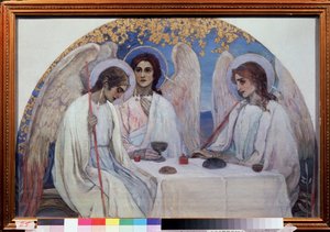 Die Gastfreundschaft Abrahams. Die Dreifaltigkeit des Alten Testaments. Darstellung der drei Engel, die Abraham bei der Eiche von Mamre erschienen von Mikhail Vasilievich Nesterov