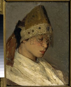 Ein Mädchen mit Kokoshnik. Traditionelle hohe Kopfbedeckung russischer Frauen, hinten mit Bändern verbunden, vorne mit Perlen und Stickereien verziert. Gemälde von Mikhail Vasilyevich Nesterov (1862-1942), Öl auf Holz von Mikhail Vasilievich Nesterov