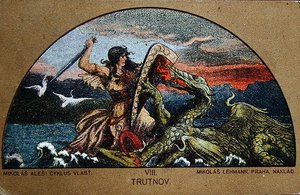 Postkarte, die den Ritter Trut im Kampf gegen den Drachen der Felsen darstellt, ca. 1900 von Mikolas (after) Ales