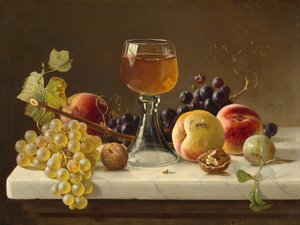 Marmortischplatte mit Obst und Weinglas von Milne Ramsey