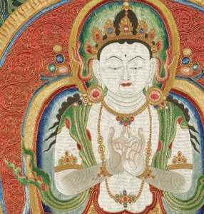 Detail der kaiserlichen bestickten Seiden-Thangka