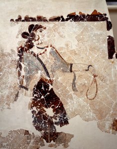 Minoische Zivilisation: Frauen im Gottesdienst. Detail. Fresko aus dem Lustralbecken von Xeste 3 in Akrotiri (Thera), Santorini. Dim. 143x381 cm. 16. Jahrhundert v. Chr. Santorini, Sammlung von Fresken von Akrotiri a Thera