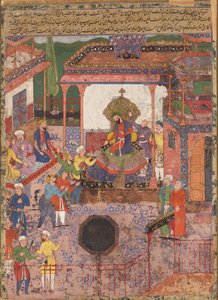 Gesandte bringen Nachrichten aus den Provinzen Khaybar und Chin zu Anoshirvan. Aus dem Hamzanama von Mir Sayyid Ali