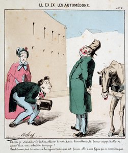 HE. EX. EX. Motoredons: Cartoon des Transports in der Stadt. Ein Mann bittet einen Kutscher, ihn und seine Frau zu transportieren. Der hochmütige Kutscher weigert sich, die Frau an Bord zu lassen. Zeichnung von Moloch (1849-1909), um 1860