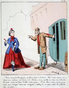 HE. EX. EX. Motoredons: Cartoon des Transports in der Stadt. Der Kutscher tadelt eine Bourgeoisie, die in den Park geht, während ihr Mann den Fahrer gebeten hat, sie an einen anderen Ort zu bringen. Zeichnung von Moloch (1849-1909), um 1860 von Moloch