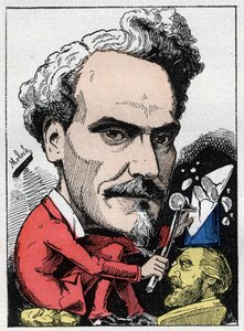 Porträt von Henri de Rochefort (1831-1913) Marquis de Rochefort, Journalist, Politiker und Schriftsteller in „Le Trombinoscope“ von Touchatout, Karikatur von B. Moloch von 1882 (1849-1909). Private Sammlung. von Moloch
