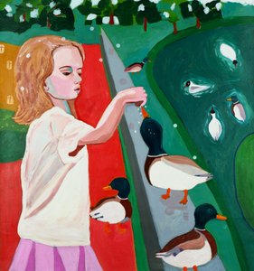 Mädchen füttert Enten im Park von Monica Prentice