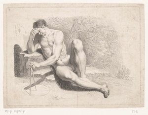 Sitzender nackter Mann mit Zirkel