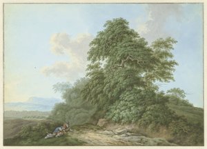 Landschaft mit ruhenden Reisenden entlang eines Weges von Monogrammist FWH (possibly)