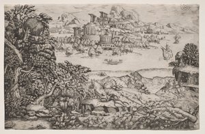 Landschaft mit einem Tempel über einem See