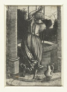 Frau bei einem Brunnen von Monogrammist IS (graveur)