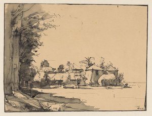 Studie eines Bauernhofs mit drei Heuschobern