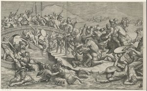 Schlacht an der Milvischen Brücke (linke Teile) von Monogrammist SK (prentmaker)