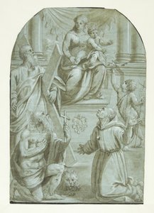 Maria mit dem Jesuskind thronend, umgeben von Apostel Andreas, Johannes dem Täufer als Kind, dem heiligen Hieronymus und dem heiligen Franz von Assisi