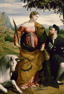 Die heilige Justina, verehrt von einem Patron von Moretto da Brescia