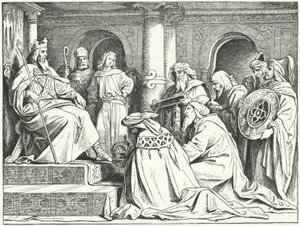 Die Gesandten des Kalifen Harun al-Raschid bringen Geschenke zu Kaiser Karl dem Großen, 802 (Stich)