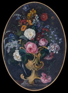 Rosen, Lavendel, Mohn und Blumen in einem Rokoko-Topf