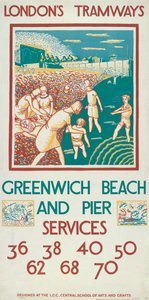 Greenwich Beach und Pier, London County Council LCC Straßenbahnplakat, 1925