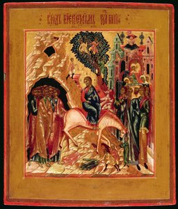 Russische Ikone des Einzugs in Jerusalem, frühes 19. Jahrhundert (Goldblatt und Tempera auf Holztafel) von Moscow School