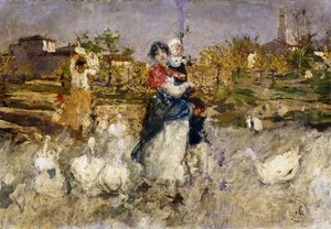Eine Mutter und Kind mit Gänsen von Mose Bianchi