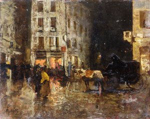 Eine Straßenszene bei Nacht