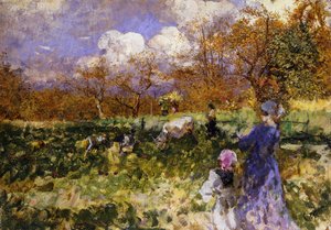 Auf der Wiese; Frauen und Kinder treiben Ziegen von Mose Bianchi