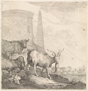 Ziegen und Kühe bei einem runden Turm mit einem Obelisken von Moyses van Wtenbrouck