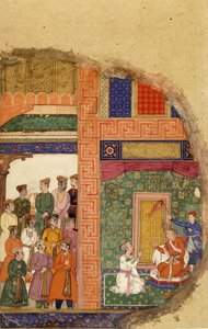 König Dasaratha spricht mit dem Familienpriester über Ramas Regentschaft im Palast, während Höflinge und Minister im Hof warten von Mughal School