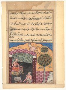 Seite aus den Geschichten eines Papageis (Tuti-nama): Siebte Nacht: Der Brahmane sieht die Tochter des Königs der Dschinns in einer Grube zusammen mit einem alten Mann und einem Kessel mit kochendem Öl, ca. 1560 von Mughal School