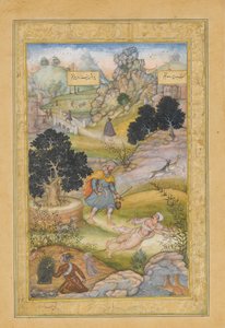 Ein muslimischer Pilger lernt eine Lektion in Frömmigkeit von einem Brahmanen, Folio aus einem Khamsa..., 1597-98
