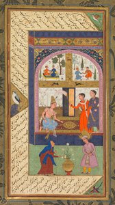 Zulaykha in ihrem Palast und als alte Frau mit Joseph, aus einem Panj Ganj (Fünf Schätze) von Abd al-Rahman Jami (Perser, 1414–1492); Verso: Aus einem Panj Ganj von Abd al-Rahman Jami (Perser, 1414–1492), mit zwei Masnavis: Yusuf va Zulaykha (Joseph und Zu