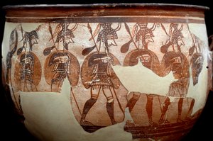 Mykenische Zivilisation: Krater genannt die Krieger. Aus dem Kreis der Gräber A in Mykene. 12. Jahrhundert v. Chr. Athen, Nationales Archäologisches Museum - Kunst der mykenischen Zivilisation: Krater genannt Kriegerkrater. Aus dem Grabkreis A in Mykene. 1