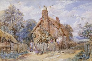 Kinder bei einem strohgedeckten Cottage in Chiddingfold von Myles Birket Foster