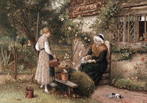 Jugend und Alter. Chromolithographie nach einem Gemälde von Myles Birkett Foster (1825-1899), englischer Künstler, veröffentlicht in London 1866. Großmutter mit Spitzenhaube sitzt im Cottage-Garten mit zwei Enkeln. Das Mädchen benutzt eine Gießkanne, um ei
